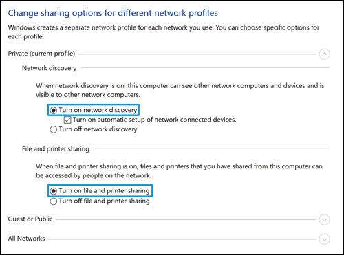 Advanced sharing settings window