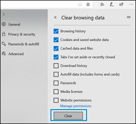 Selecting  items to clear in the clear browsing data window