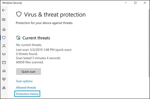 Virus & threat protection screen with Protection history