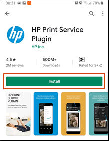 Tapping Install to download and install the HP Print Service Plugin for Android