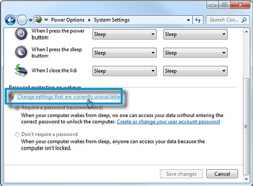 Power Options, System Settings with Change settings  that are currently unavailable selected