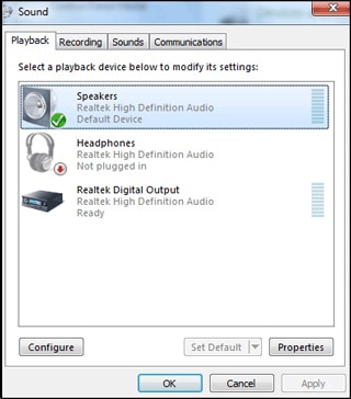 Image of Sound window with speakers device highlighted