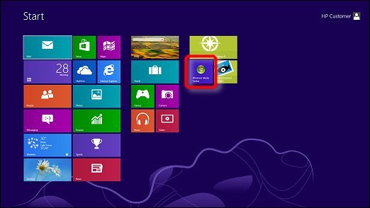  Windows Media Center tile highlighted in the Start menu