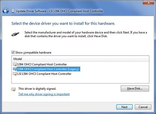 Ventana Actualizar software de controlador con el controlador host compatible con 1394 OHCI (Legado) seleccionado