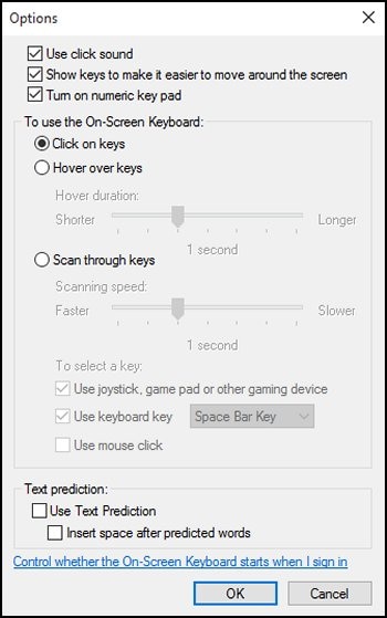 Menú de opciones de teclado en pantalla con la opción Clic en las teclas seleccionada
