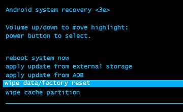 Android system recovery 메뉴에서 강조 표시된 Wipe data/factory reset