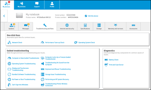 Troubleshooting and fixes options in HP Support Assistant