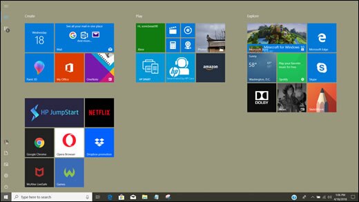 Schermata Start di Windows 10 nella modalità a schermo intero