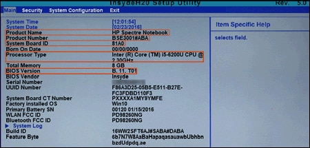 BIOS-configuratie tabblad toont systeeminformatie.