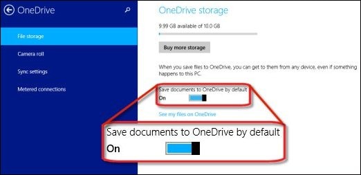 The slider to turn off or on the ability to automatically save documents to OneDrive