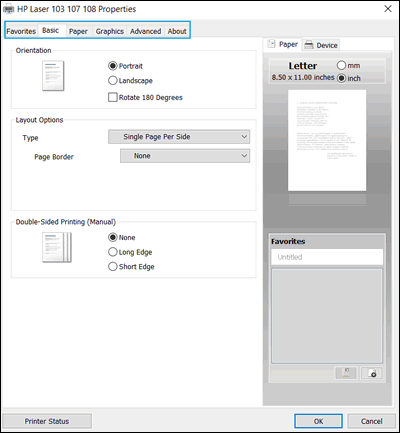 HP Document Properties window with settings tabs