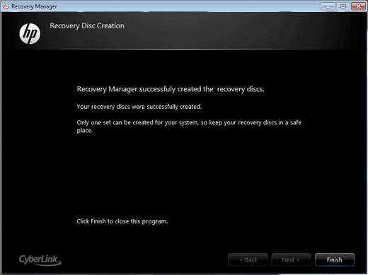 Recovery Disc Creation complete message