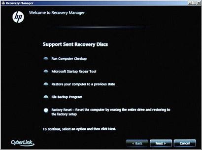 HP送信のリカバリディスクを使用したRecovery Manager