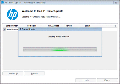  The HP Printer Update utility window showing a serial number selected for an HP OfficeJet 4650 and an activity bar showing that the update is in progress.