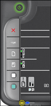 Illustration of the control panel with the Attention light blinking and an ! appearing
