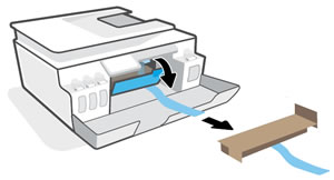 Opening the printhead access door to remove packing material from inside the printer