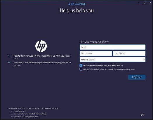 HP registration screen