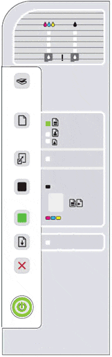 Illustration of the control panel with the Power button light blinking for 20 seconds, and then remaining on, and one of the Paper Selection lights on