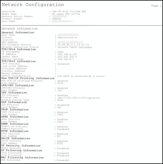 An example of page 1 of the Network Configuration report