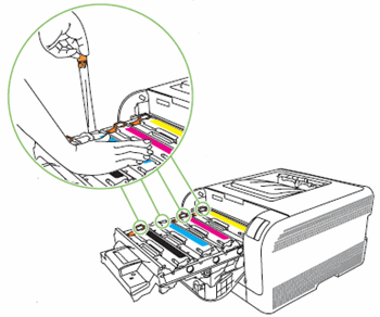 Illustration of removing the protective tape from the print cartridges.
