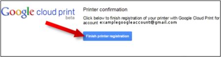 Image shows where to click to finish printer registration