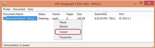 Image:  The Windows print spooler window showing a document with the status of "Deleting".