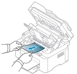 Removing jammed paper from the toner cartridge access area
