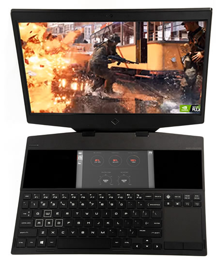 OMEN X by HP 2S laptop computer showing second display and placement of the touchpad and second screen keys on the right side of the keyboard.