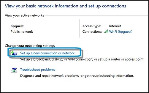 Vea la información básica de la red con Configurar una nueva conexión o red seleccionada