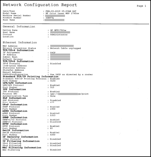 An example of page 1 of the Network Configuration report