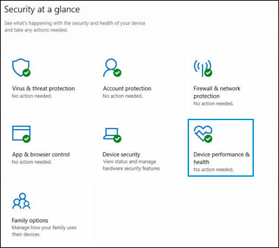 A Windows Security alkalmazás nyitóképernyője, az Eszközteljesítmény és -állapot lehetőséggel kiemelve
