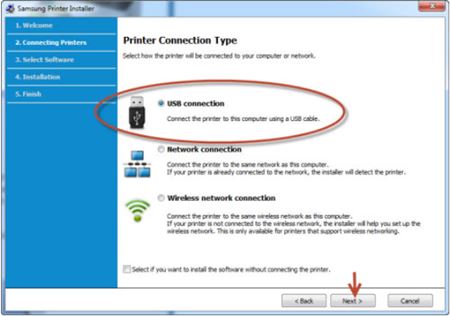 Image shows selecting USB connection for connection type