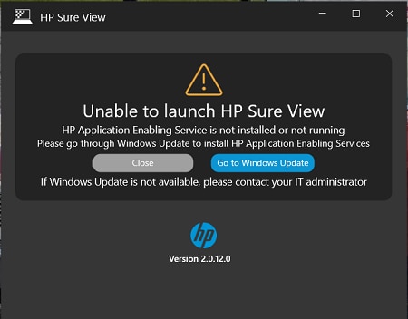 HP Sure View installation error message