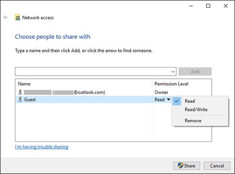 Select the permission level for each user or group