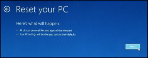 Image of the Reset your PC screen