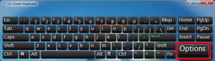 On-screen keyboard with Options selected