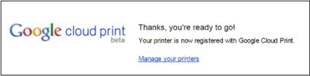 Image shows a Google Cloud print thank you message