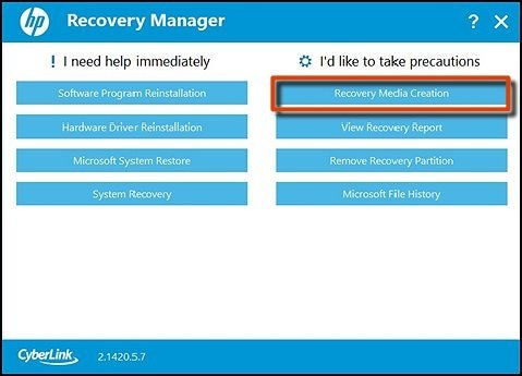 Écran de Recovery Manager avec l'option Création de supports de récupération sélectionnée