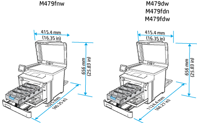 Dimensioni della stampante completamente aperta