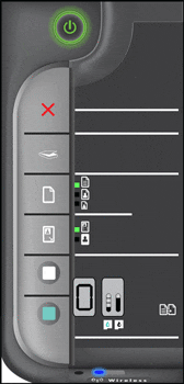 Illustration of the control panel with the bottom segment of the Color Ink Level indicator lights blinking