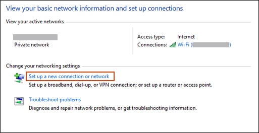 View your basic network information with Set up a new connection or network selected