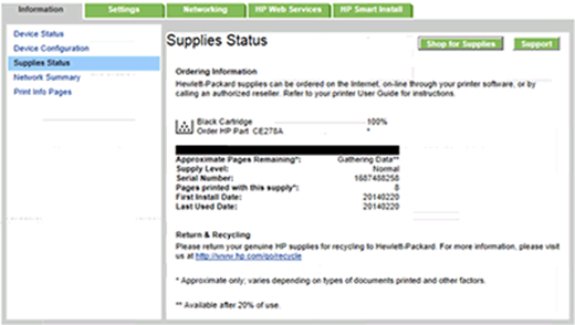 Example shows the Supplies Status page on the EWS