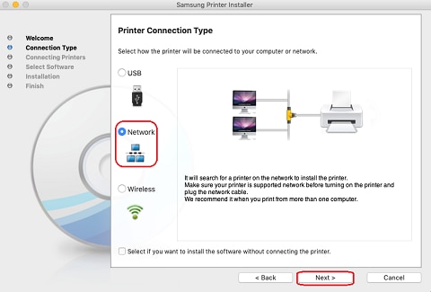 Image shows selecting to the network connected printer option.