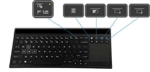 location of the dedicated keys for controling the second screen, Virtual Numpad, On/Off, Brightness, and Switch.