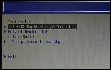 [インテル (R)・ラピッド・ストレージ・テクノロジー] (Intel(R) Rapid Storage Technology) が選択された [デバイス リスト] (Devices List)