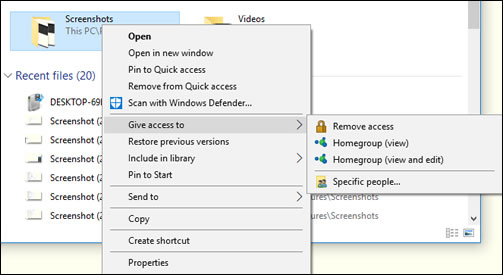 Menu for giving access to a folder