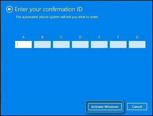 Knappen Aktiver Windows i Indtast bekræftelses-id