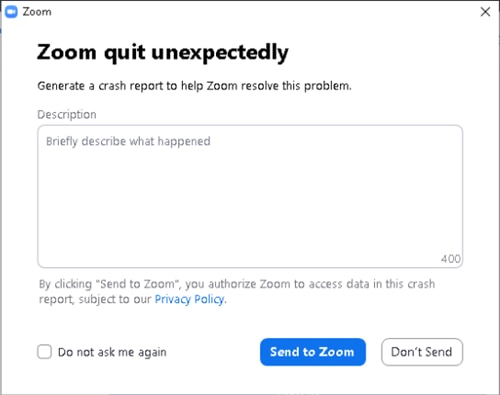 Zoom quit unexpectedly message