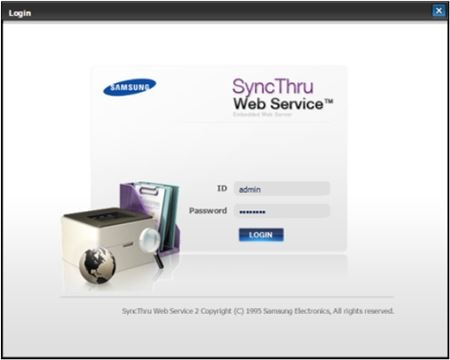 Image shows SyncThru login and password prompt