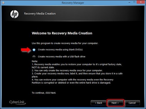 [Create recovery media using blank DVD(s)] (空のDVDを使用してリカバリメディアを作成する) と [Next] (次へ) が選択された画像